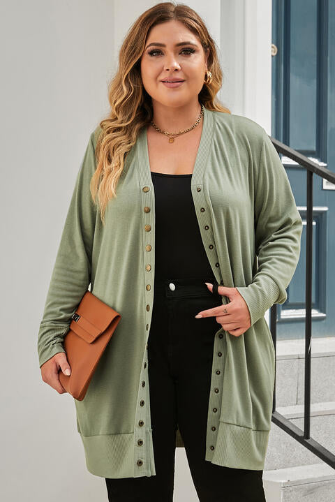 Snap Up V-Neck Long Sleeve Cardigan with Pockets  Krazy Heart Designs Boutique Matcha Green 1XL 