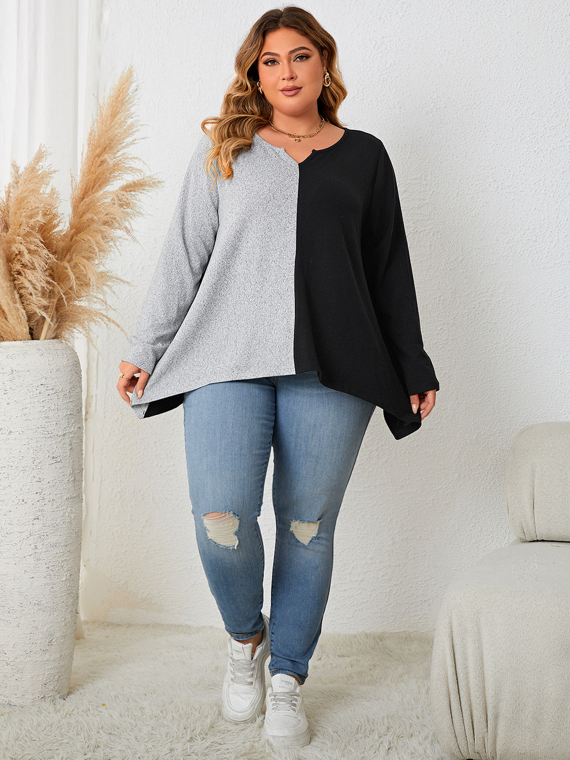 Plus Size Contrast Notched Neck T-Shirt  Krazy Heart Designs Boutique   