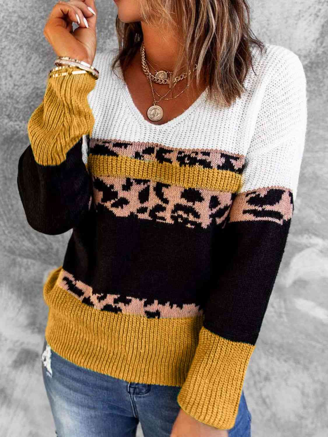 Woven Right Leopard Color Block V-Neck Rib-Knit Sweater Shirts & Tops Krazy Heart Designs Boutique Yellow S 