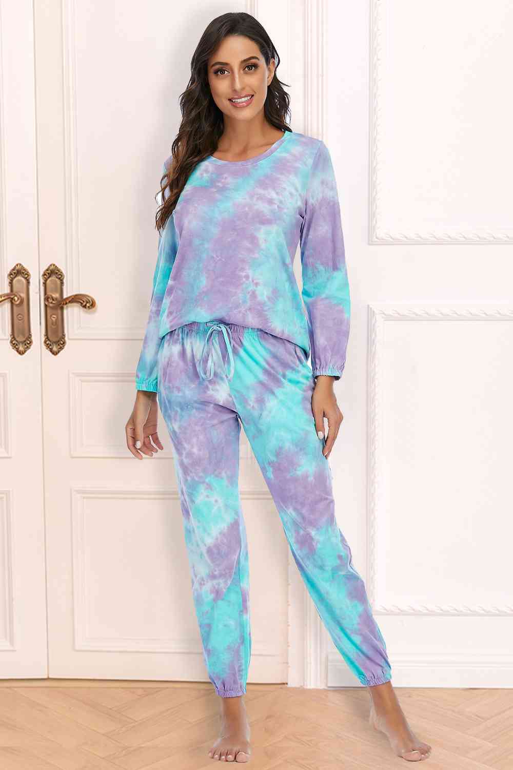 Tie-Dye Top and Drawstring Pants Lounge Set (3 Colors) Loungewear Krazy Heart Designs Boutique Lavender S 