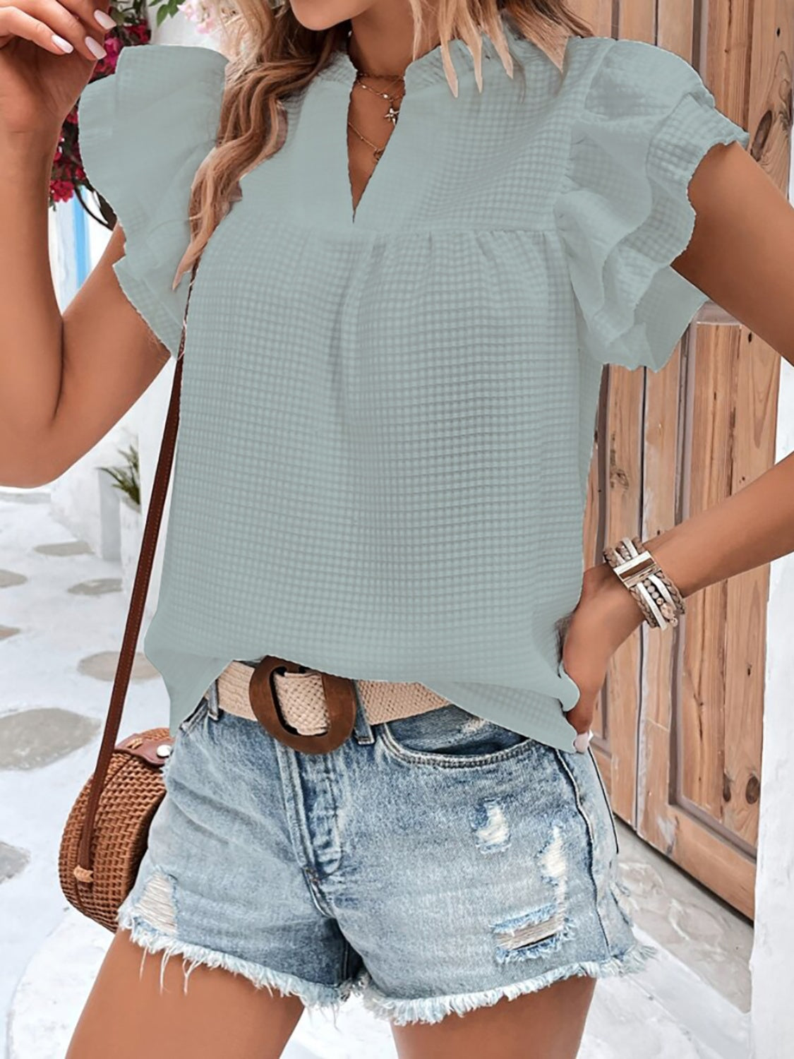 Ruffled Notched Cap Sleeve Blouse (3 Colors) Shirts & Tops Krazy Heart Designs Boutique   