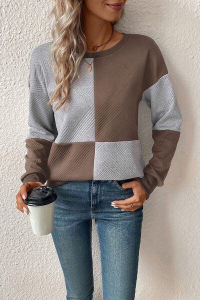 Textured Color Block Round Neck Sweatshirt (4 Colors) Shirts & Tops Krazy Heart Designs Boutique   