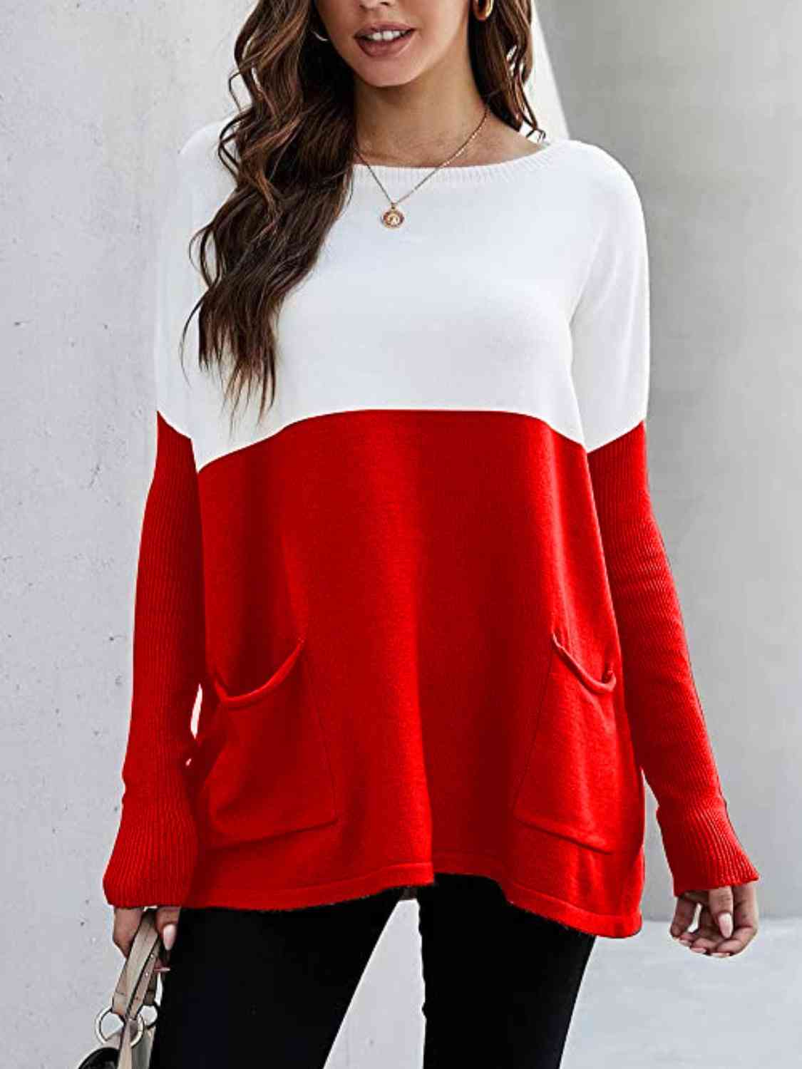 Two Tone Pullover Sweater with Pockets (7 Colors)  Krazy Heart Designs Boutique   