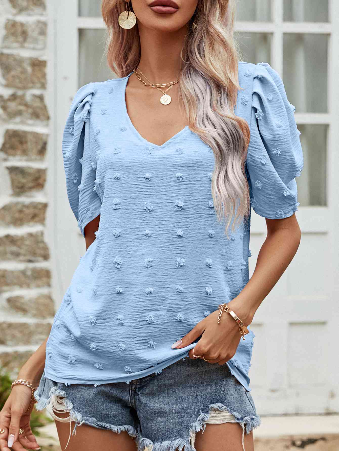 Swiss Dot Short Puff Sleeve Top  Krazy Heart Designs Boutique Blue S 