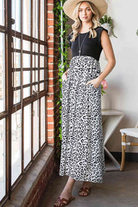 Leopard Print Round Neck Maxi Dress with Pockets  Krazy Heart Designs Boutique Black/White S 