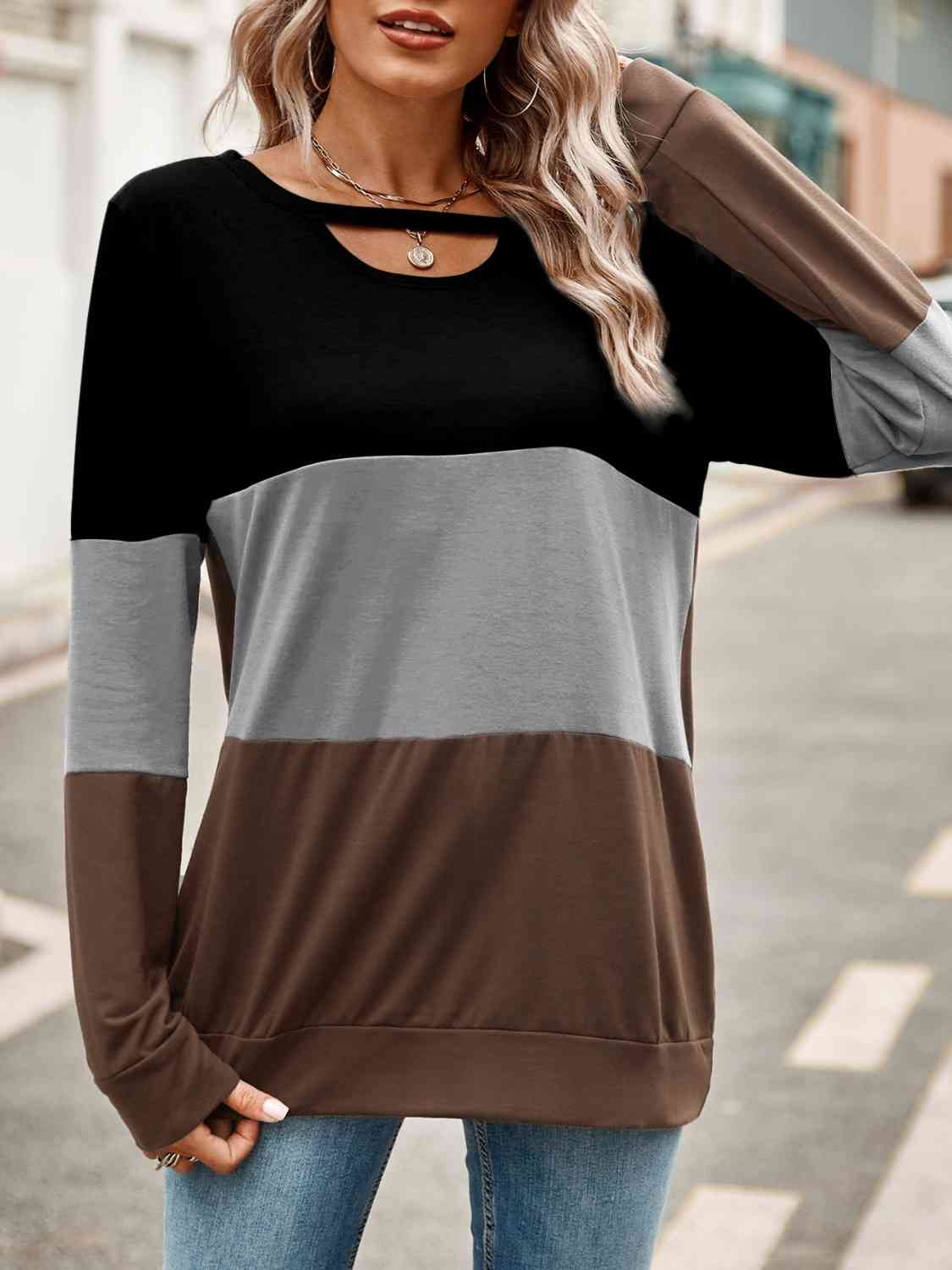 Color Block Cutout Round Neck Long Sleeve T-Shirt  Krazy Heart Designs Boutique Chocolate S 