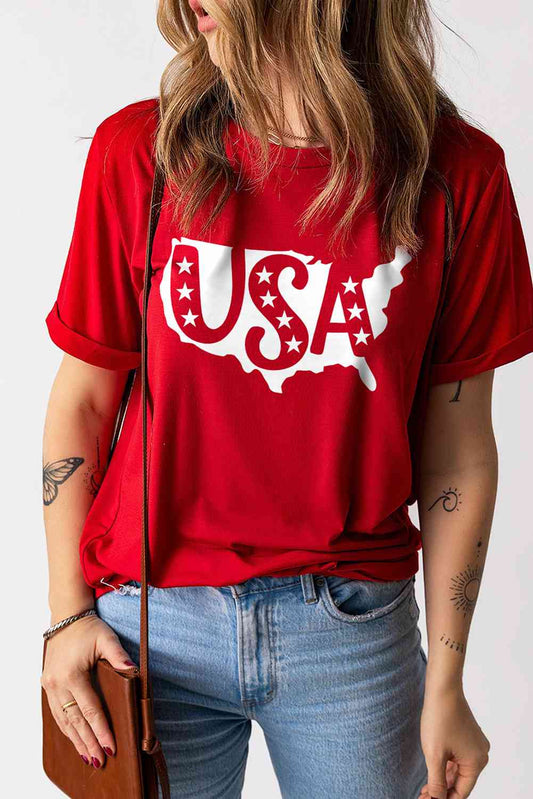 USA Graphic Round Neck T-Shirt  Krazy Heart Designs Boutique Deep Red S 