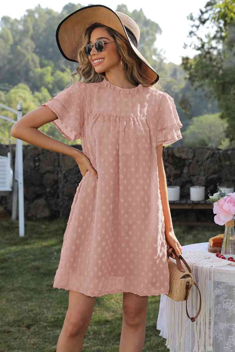 Swiss Dot Round Neck Flutter Sleeve Dress (6 Colors)  Krazy Heart Designs Boutique Dusty Pink S 