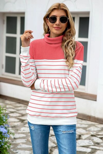 Striped Contrast Turtleneck Sweater (5 Colors) Shirts & Tops Krazy Heart Designs Boutique Strawberry S 