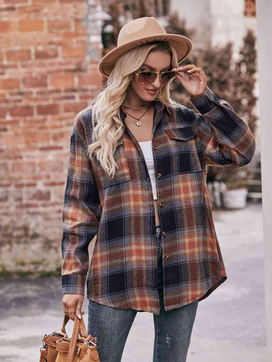 Plaid Dropped Shoulder Longline Shirt (7 Colors) Shirts & Tops Krazy Heart Designs Boutique Brown Black S 