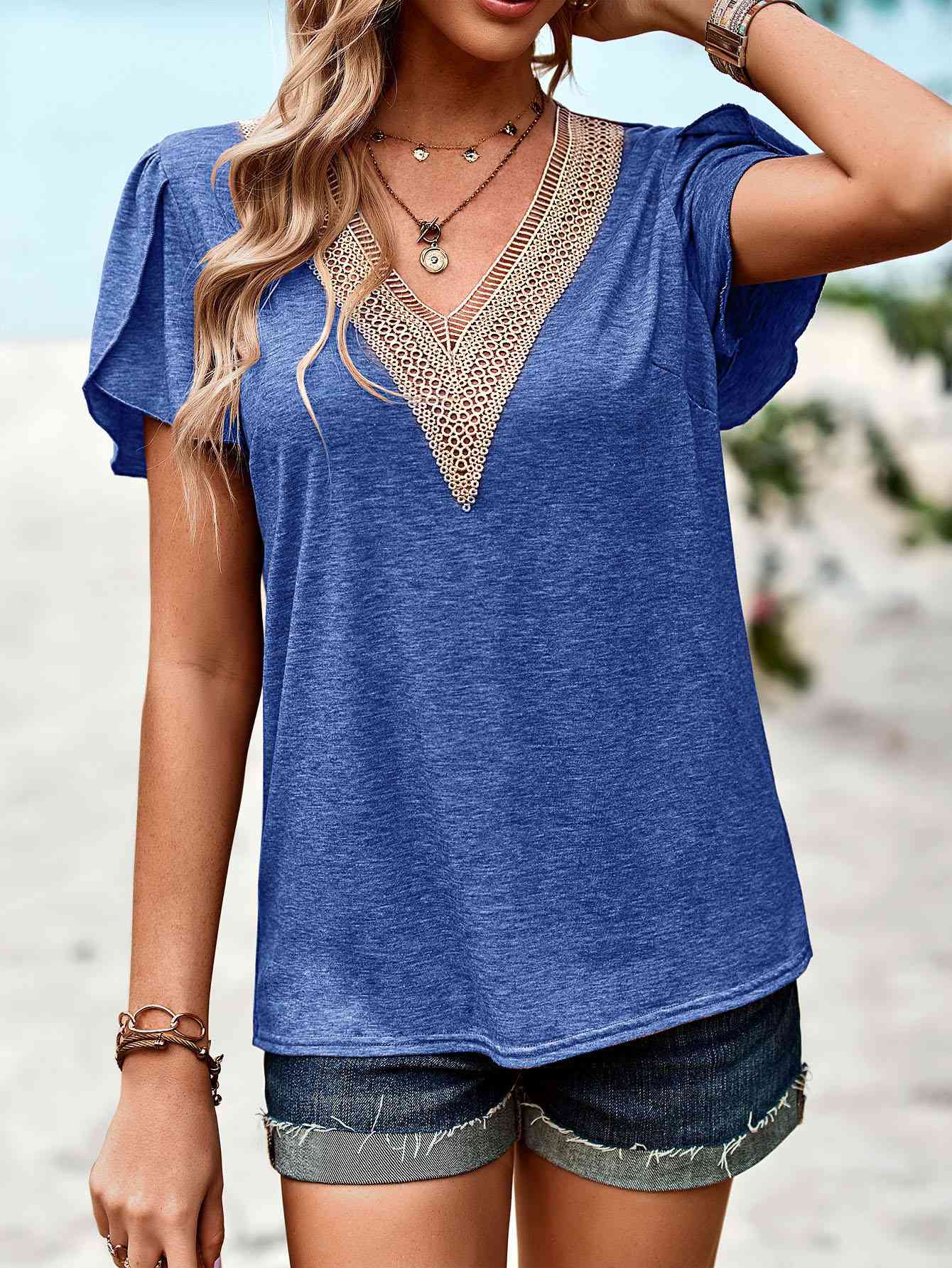 Contrast V-Neck Petal Sleeve Top (5 Colors) Shirts & Tops Krazy Heart Designs Boutique Cobalt Blue S 