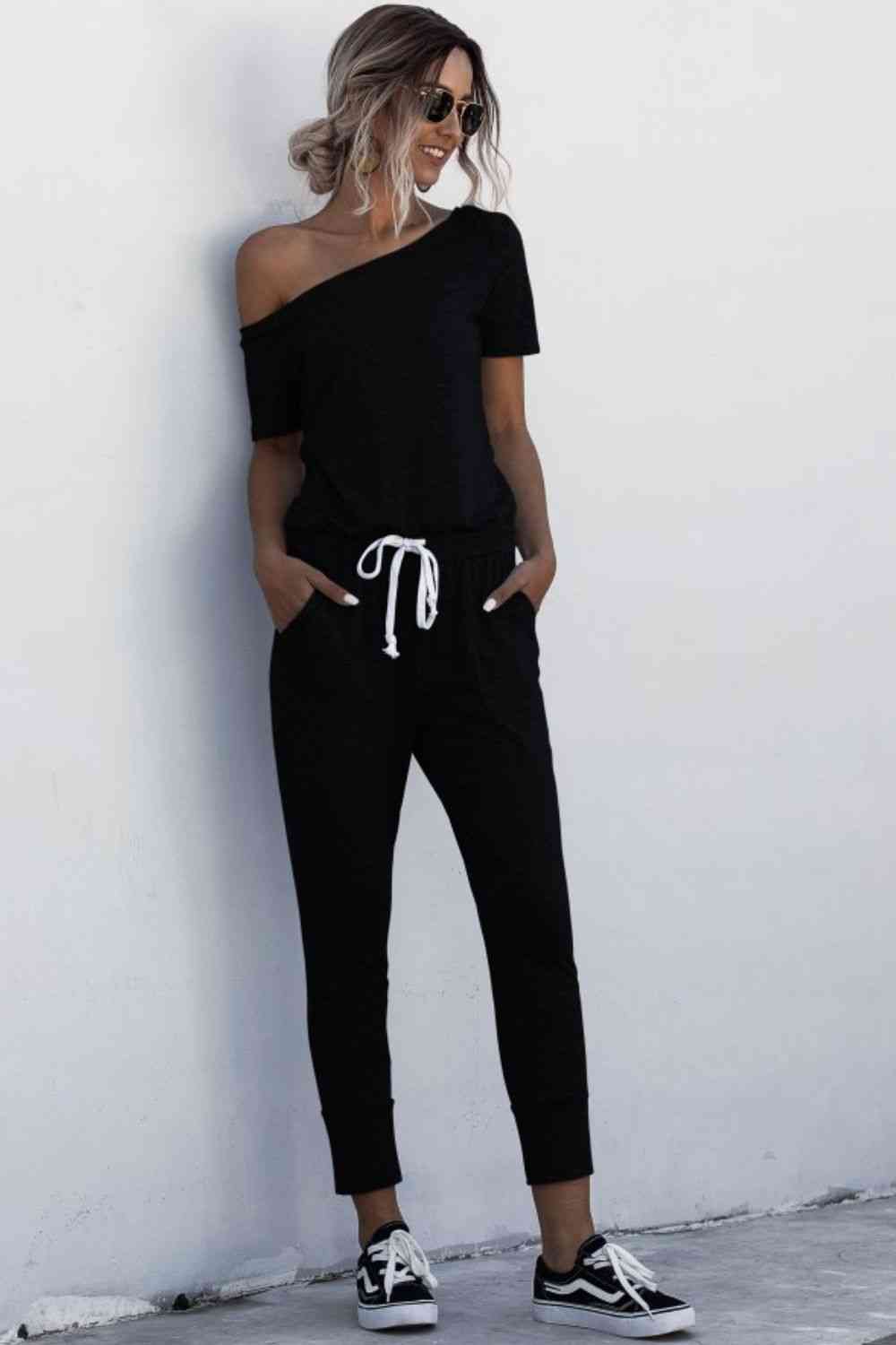 Asymmetrical Neck Tied Jumpsuit with Pockets (4 Colors)  Krazy Heart Designs Boutique   