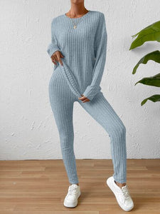 Ribbed Round Neck Top and Pants Set (2 Colors) Outfit Sets Krazy Heart Designs Boutique   