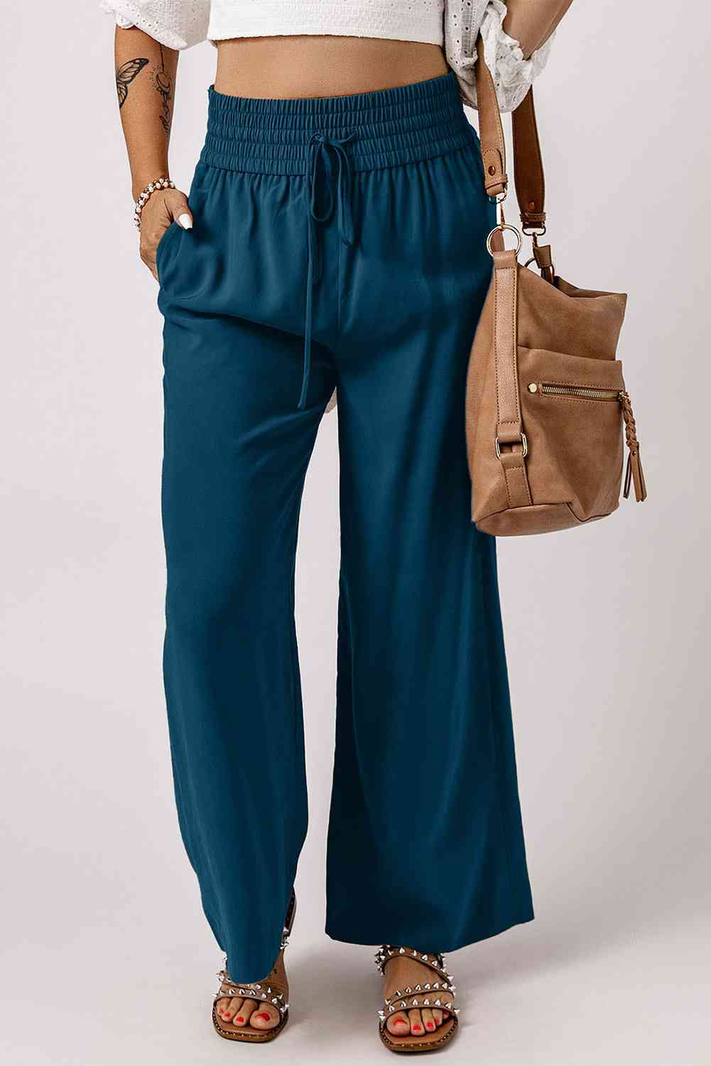 Drawstring Smocked Waist Wide Leg Pants (3 Colors) pants Krazy Heart Designs Boutique Deep Teal S 