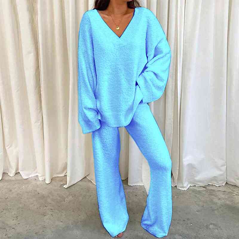 V-Neck Long Sleeve Top and Long Pants Set (5 Colors)  Krazy Heart Designs Boutique Pastel  Blue S 