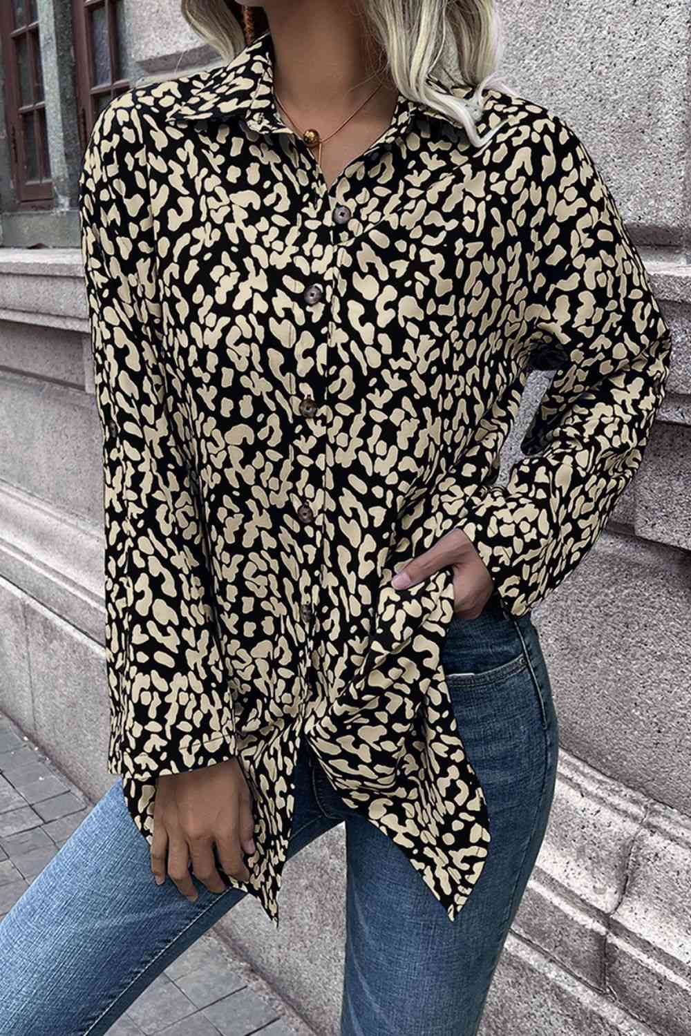Double Take Leopard Roll-Tap Sleeve Shirt (3 Colors)  Krazy Heart Designs Boutique Black S 