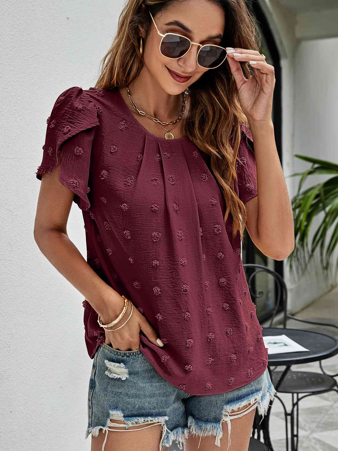 Swiss Dot Round Neck Petal Sleeve Top (10 Colors)  Krazy Heart Designs Boutique   