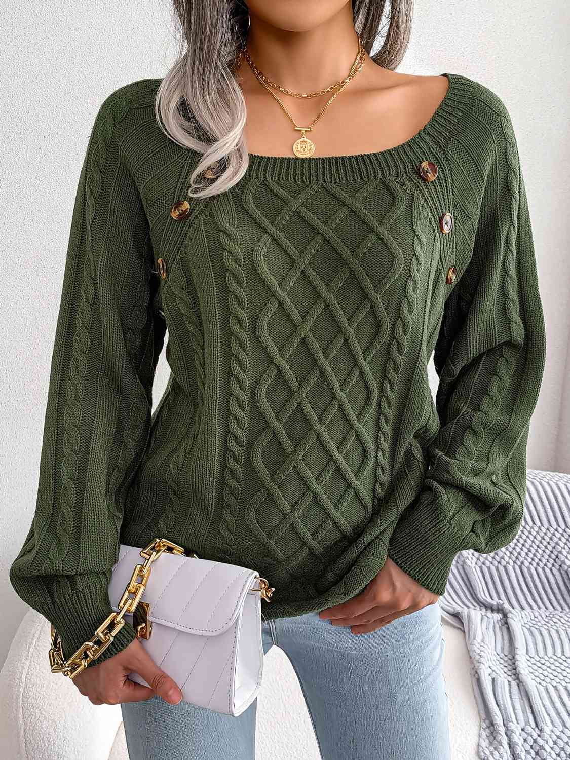 Decorative Button Cable-Knit Sweater (5 Colors) Shirts & Tops Krazy Heart Designs Boutique Army Green S 