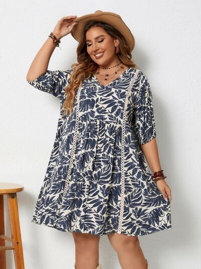 Plus Size Printed V-Neck Half Sleeve Mini Dress Dress Krazy Heart Designs Boutique Dusty  Blue 0XL 
