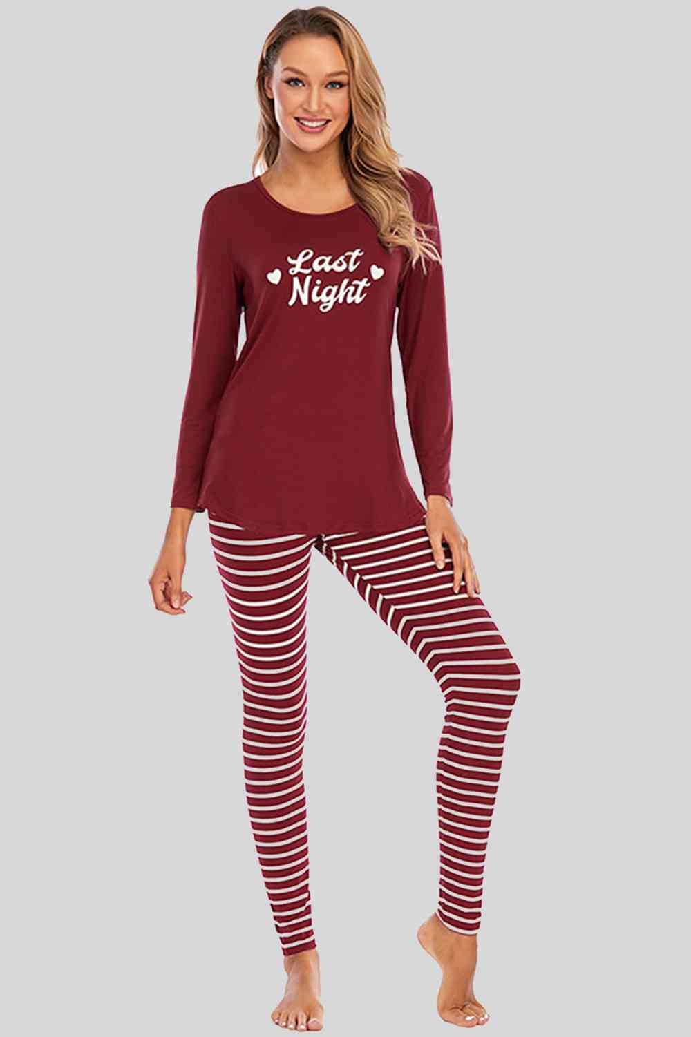 Christmas Graphic Round Neck Top and Striped Pajama Set (2 Color Styles)  Krazy Heart Designs Boutique Wine S 