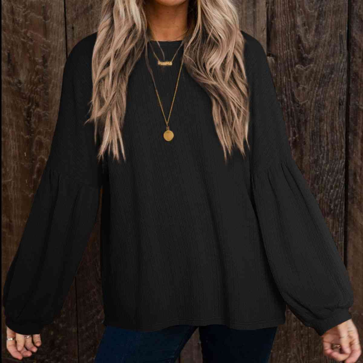 Round Neck Long Sleeve Ruched Blouse  Krazy Heart Designs Boutique Black S 