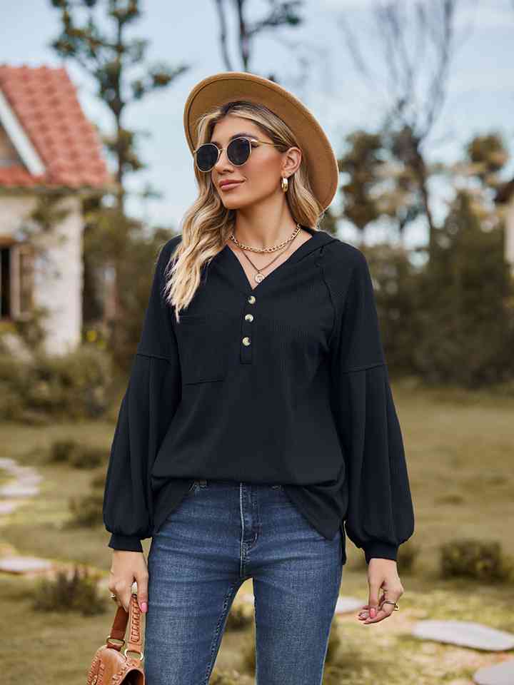 Dropped Shoulder Button-Down Hoodie (6 Colors) Shirts & Tops Krazy Heart Designs Boutique Black S 