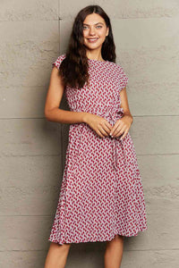 All Over Print Round Neck Tie Waist Dress (2 Colors)  Krazy Heart Designs Boutique Cerise S 
