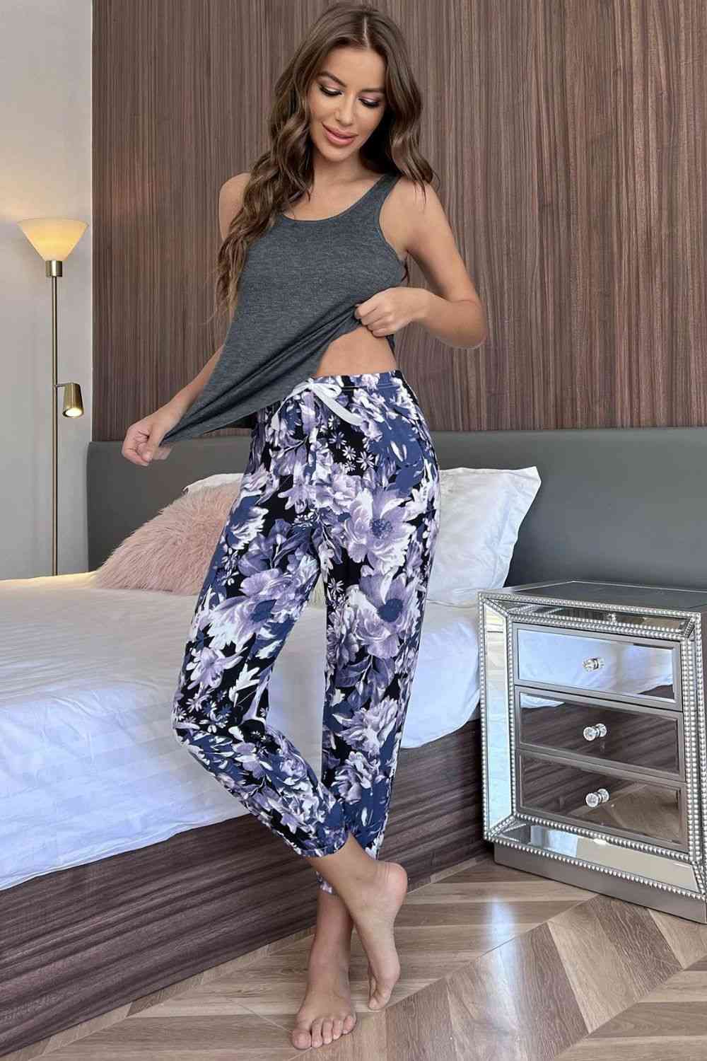 Scoop Neck Tank and Floral Cropped Pants Lounge Set Loungewear Krazy Heart Designs Boutique Grey S 