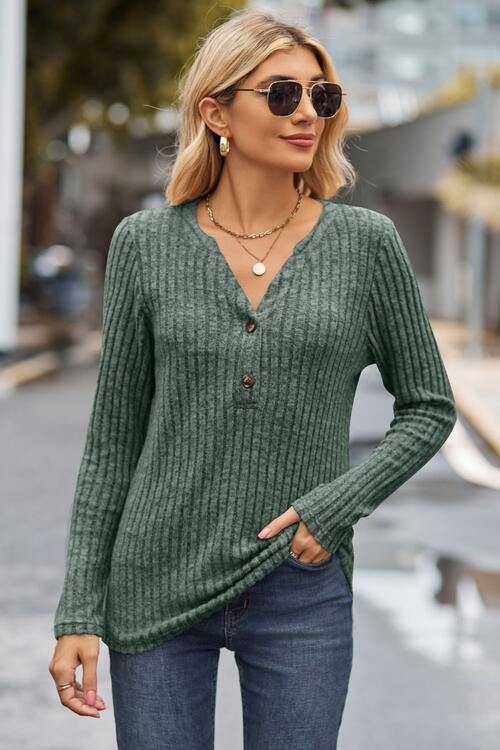 Ribbed Half Button Long Sleeve Knit Top (6 Colors) Shirts & Tops Krazy Heart Designs Boutique Moss S 