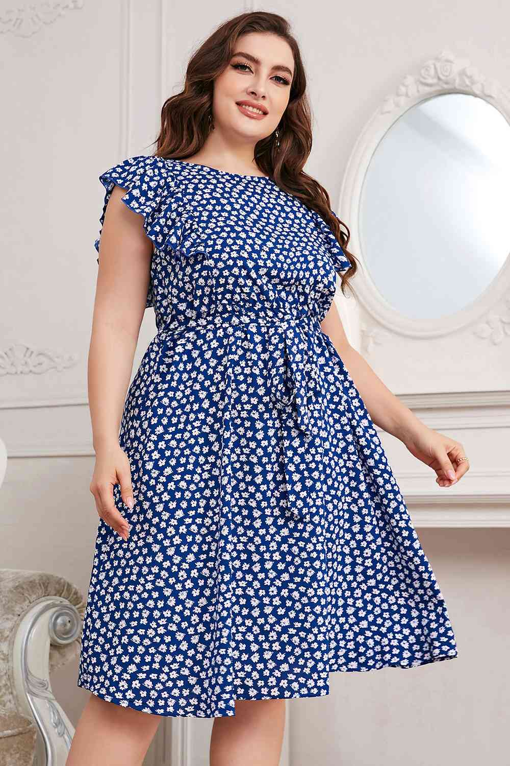 Plus Size All Over Print Round Neck Tie Waist Dress  Krazy Heart Designs Boutique   