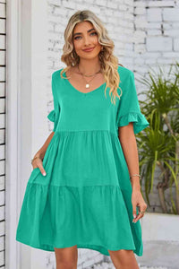 V-Neck Flounce Sleeve Tiered Dress (8 Colors)  Krazy Heart Designs Boutique Mid Green S 