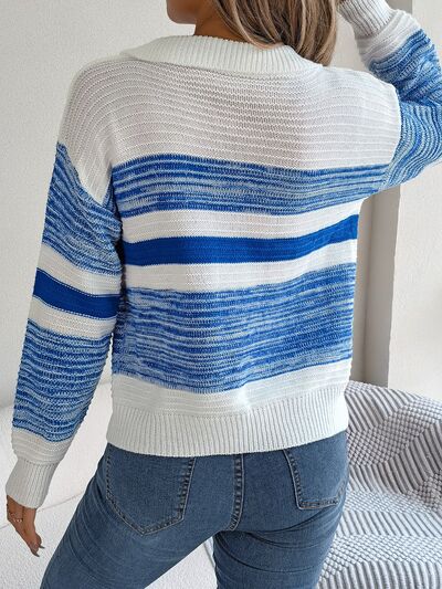 Striped Collared Neck Long Sleeve Sweater (3 Colors) Shirts & Tops Krazy Heart Designs Boutique   