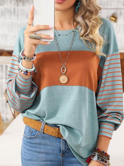Round Neck Striped Long Sleeve Slit T-Shirt (5 Colors) Shirts & Tops Krazy Heart Designs Boutique Turquoise S 