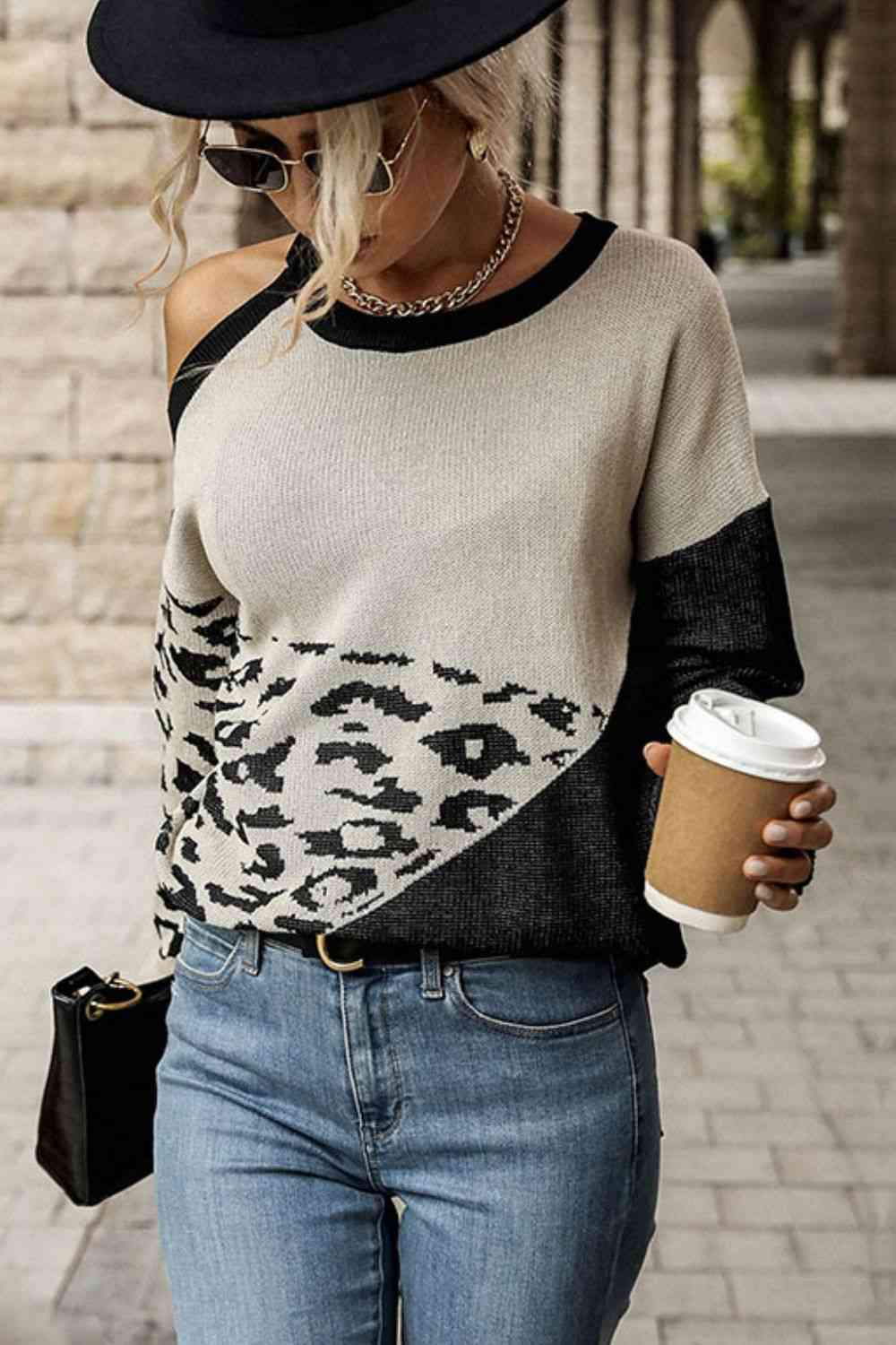 Leopard Print Color Block Cold-Shoulder Sweater Shirts & Tops Krazy Heart Designs Boutique Khaki/Black S 