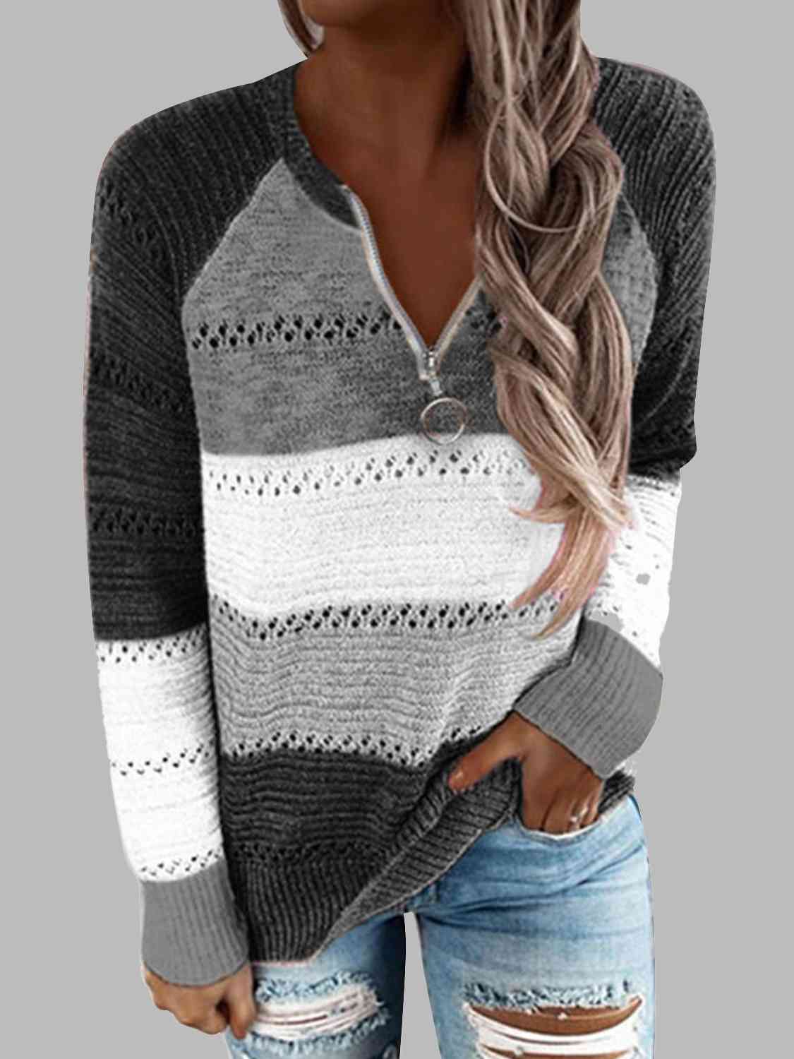 Color Block Half Zip Sweater (4 Colors) Shirts & Tops Krazy Heart Designs Boutique Charcoal S 