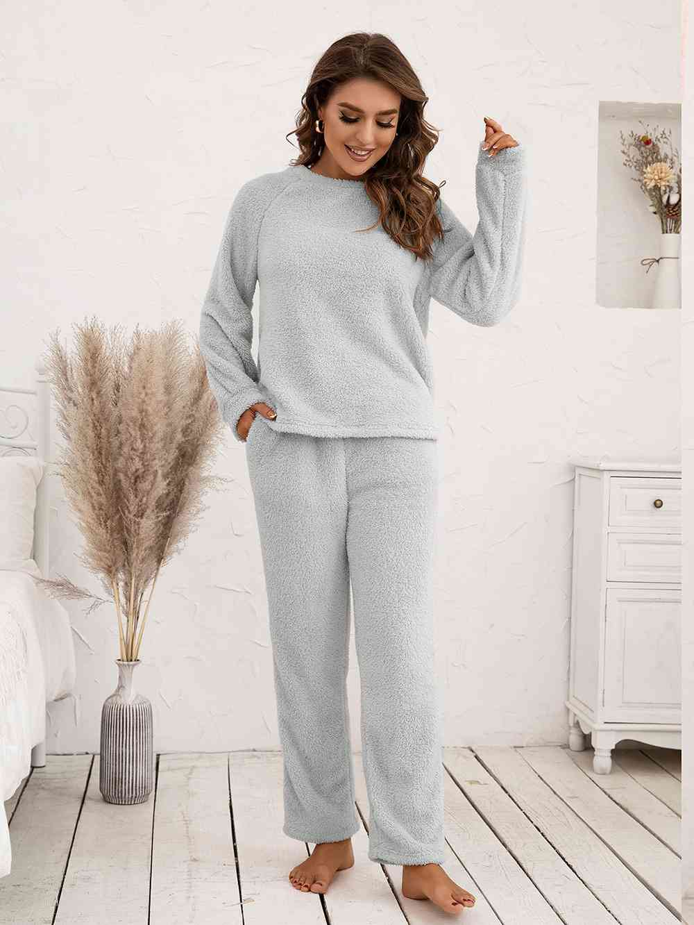 Teddy Long Sleeve Top and Pants Lounge Set (9 Colors) Loungewear Krazy Heart Designs Boutique Light Gray S 