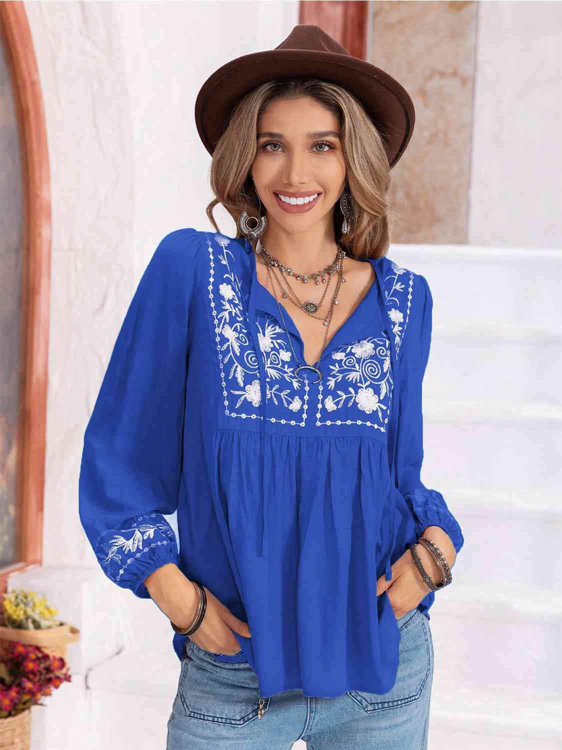 Floral Tie Neck Balloon Sleeve Blouse (6 Colors)  Krazy Heart Designs Boutique Royal  Blue S 