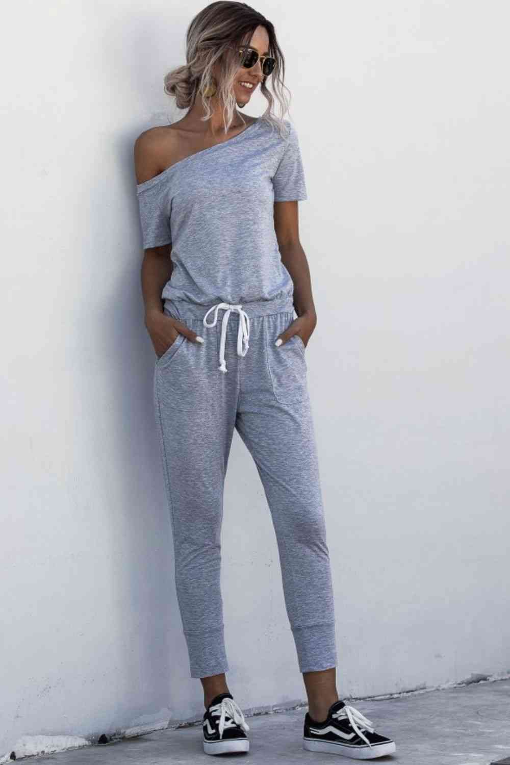 Asymmetrical Neck Tied Jumpsuit with Pockets (4 Colors)  Krazy Heart Designs Boutique   