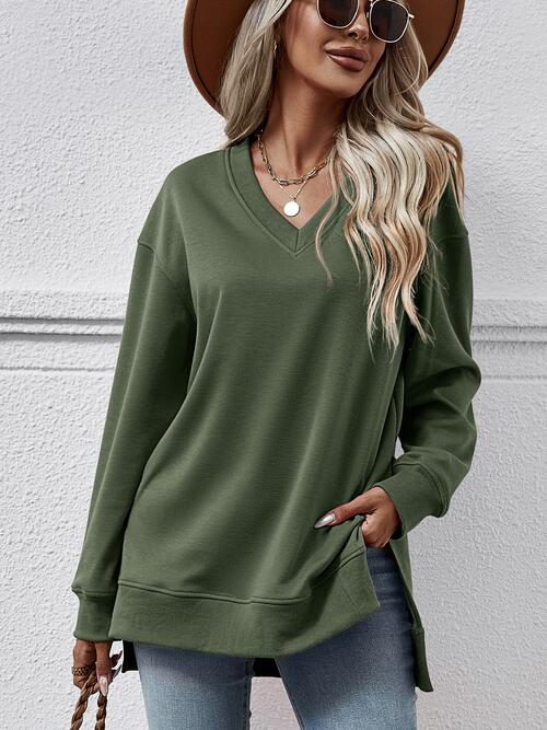 V-Neck Slit Long Sleeve Sweatshirt (9 Colors) Shirts & Tops Krazy Heart Designs Boutique Army Green S 