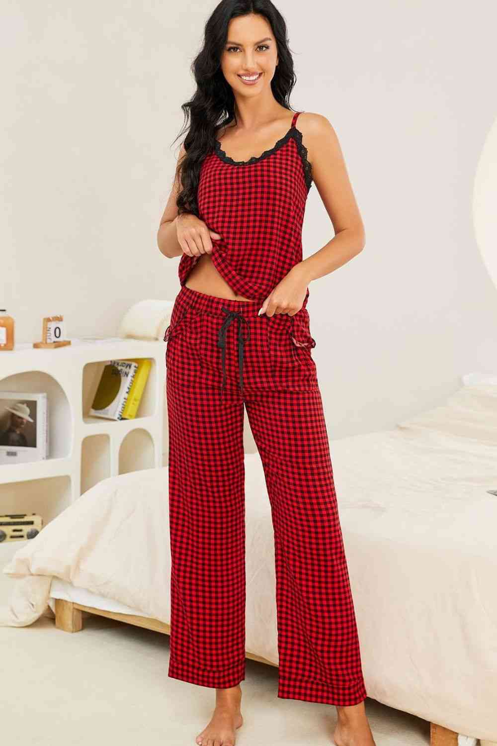 Plaid Lace Trim Cami and Drawstring Pants Pajama Set Loungewear Krazy Heart Designs Boutique Plaid S 