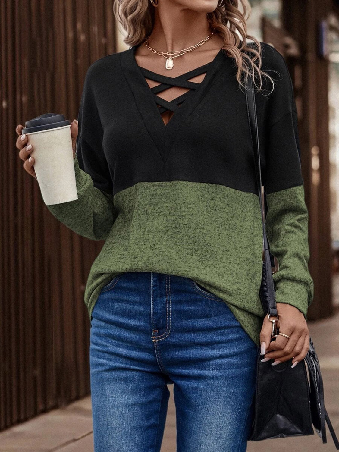 Two-Tone Crisscross Detail Sweatshirt (5 Colors) Shirts & Tops Krazy Heart Designs Boutique Matcha Green S 