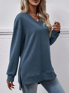 V-Neck Slit Long Sleeve Sweatshirt (9 Colors) Shirts & Tops Krazy Heart Designs Boutique French Blue S 