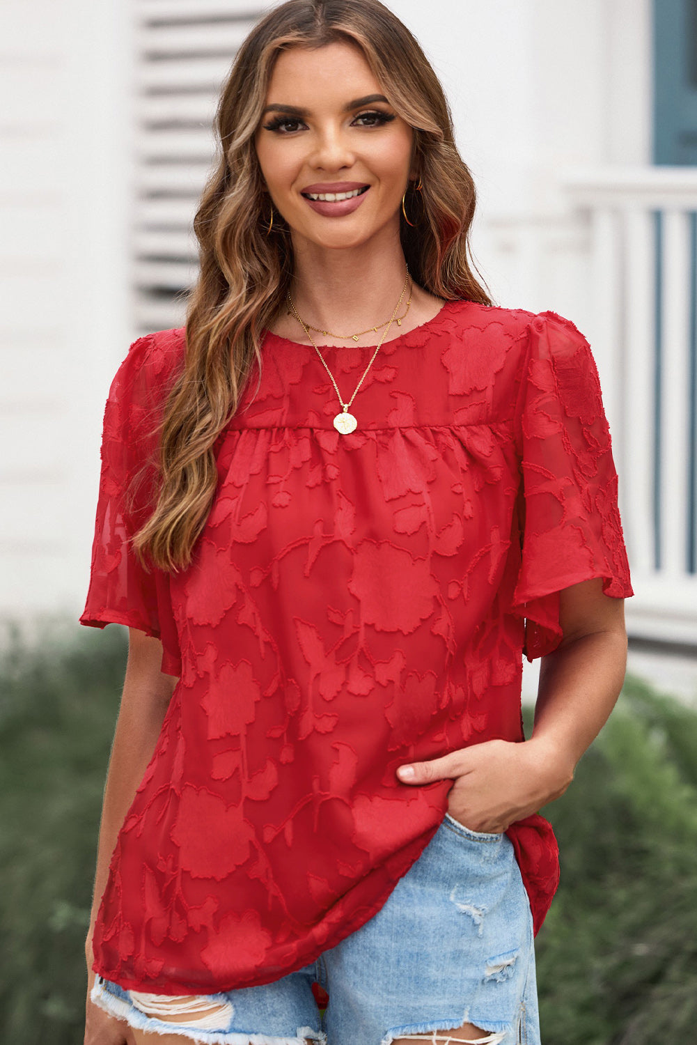 Round Neck Puff Sleeve Blouse (11 Colors)  Krazy Heart Designs Boutique Deep Red S 