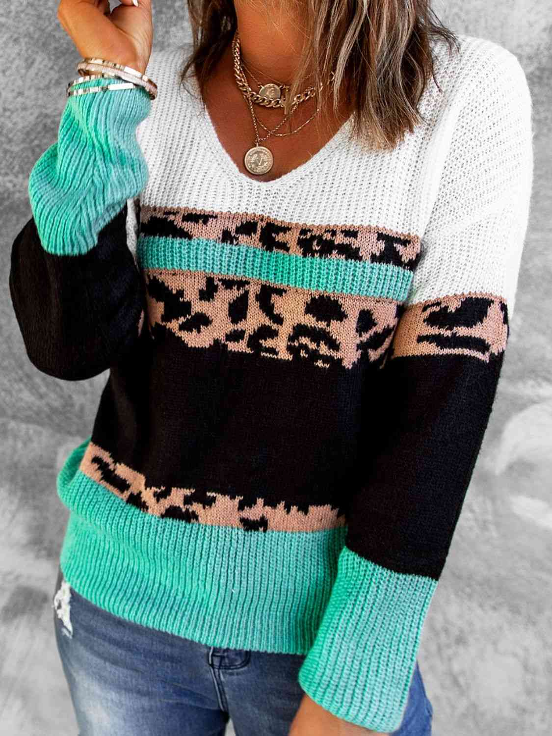 Woven Right Leopard Color Block V-Neck Rib-Knit Sweater Shirts & Tops Krazy Heart Designs Boutique Green S 