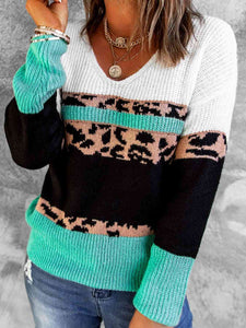Woven Right Leopard Color Block V-Neck Rib-Knit Sweater Shirts & Tops Krazy Heart Designs Boutique Green S 
