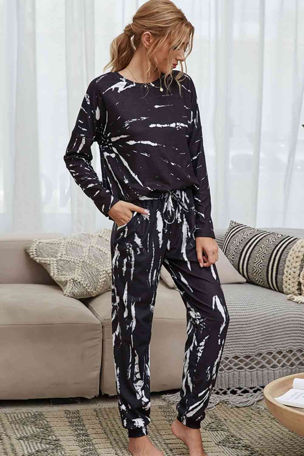 Tie-Dye Round Neck Top and Drawstring Waist Joggers Lounge Set Loungewear Krazy Heart Designs Boutique   
