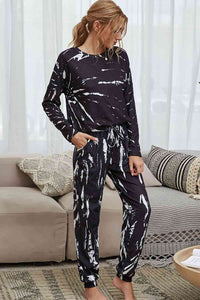 Tie-Dye Round Neck Top and Drawstring Waist Joggers Lounge Set Loungewear Krazy Heart Designs Boutique   