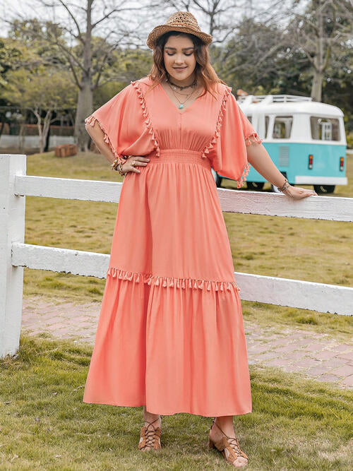 Plus Size Tassel Trim V-Neck Short Sleeve Ruffle Hem Dress (2 Colors) Dress Krazy Heart Designs Boutique Coral 0XL 