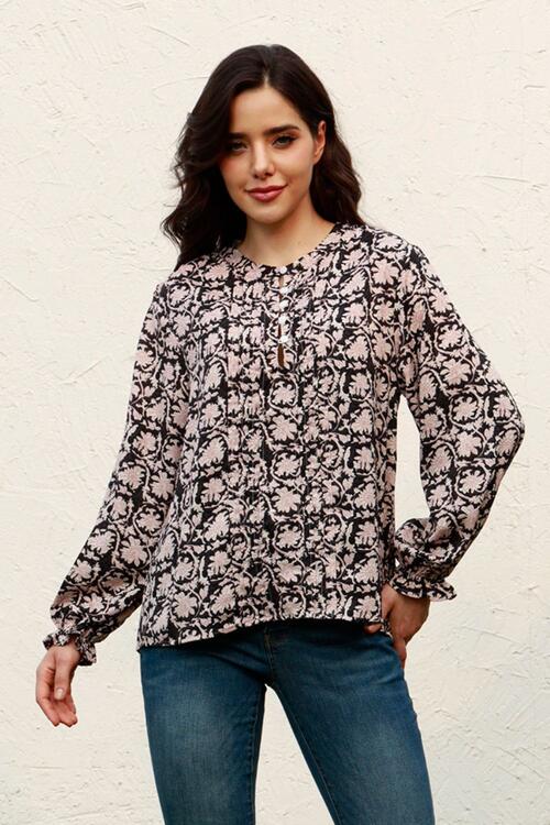 Floral Flounce Sleeve Round Neck Blouse Shirts & Tops Krazy Heart Designs Boutique Black S 