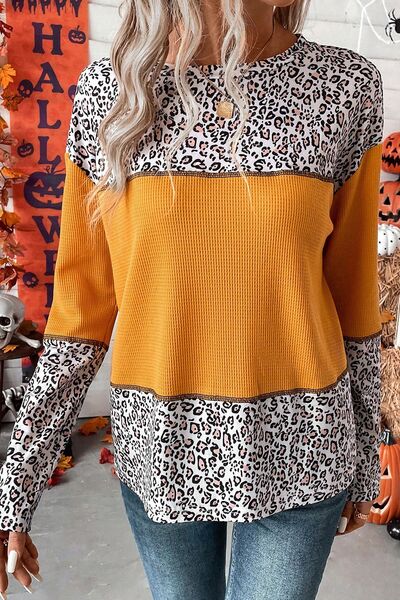 Leopard Print Waffle-knit Long Sleeve T-Shirt Shirts & Tops Krazy Heart Designs Boutique   